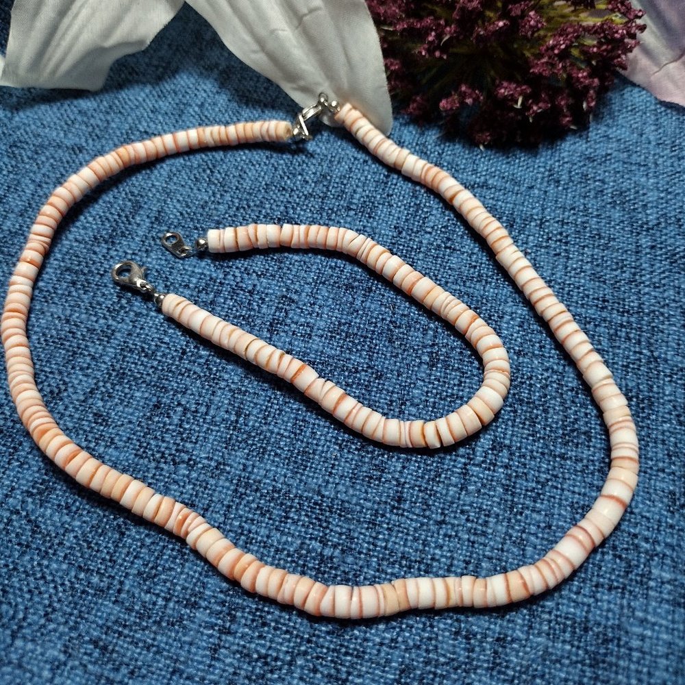 Coral Color Puka Shell Necklace & Bracelet Set